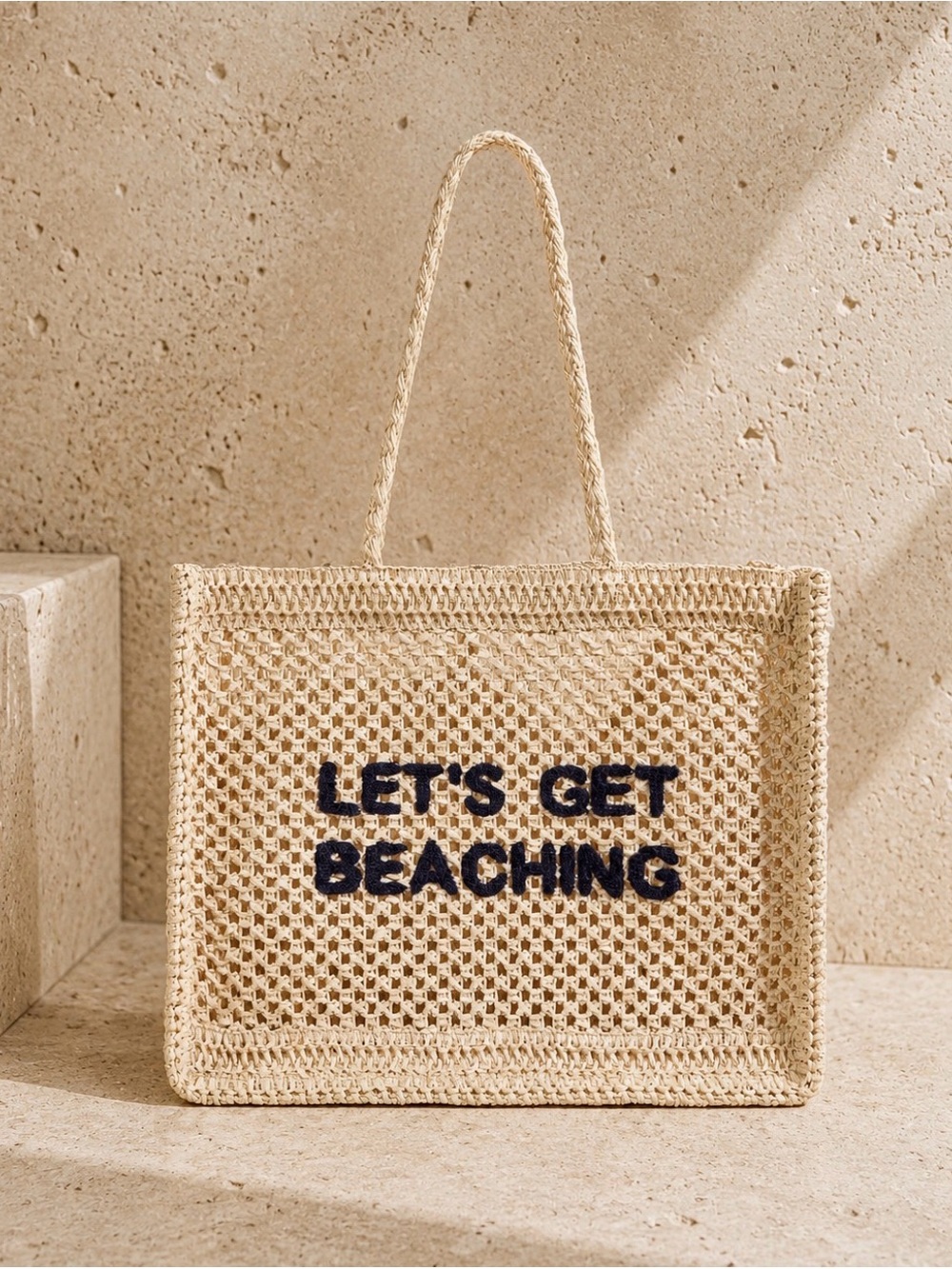 Elan Natural Straw Tote with Navy Text